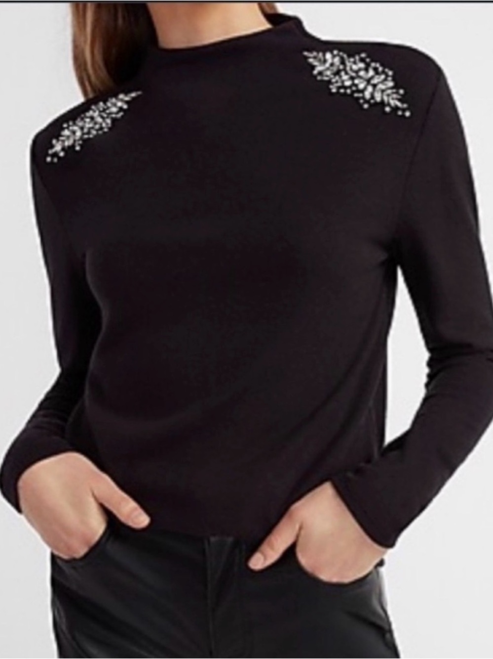 Express Black Mock Neck Long Sleeve Top with Shoulder Embellishments